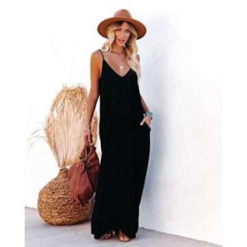 Women's Loose Beach Dresses Casual Flowy Pockets Maxi Dress (M, Black)