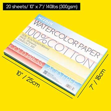 MEEDEN 10X7 Watercolor Paper Pad 20 Sheets, Textured Cold Press (140lb/300gsm), Acid-Free Watercolor Pad for Art Painting, Mixed Media, Artist Watercolor Paper for Adults and Students
