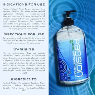 Passion Natural Water-Based Personal Lubricant, 16 Fl Oz - Premium, Non-Sticky, Easy-to-Clean Formula for Smooth, Comfortable Use