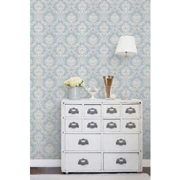 Norwall SD25646 Document Damask Prepasted Wallpaper, Pearl, Light Blue, 56 Sq Ft