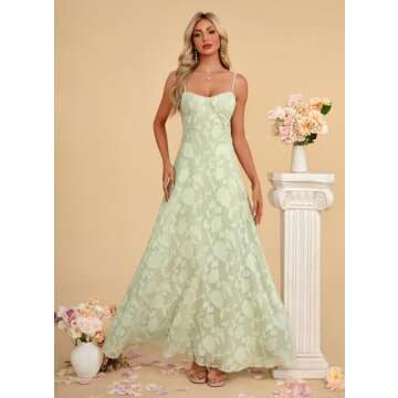 Kismissal Women's Elegant Wedding Guest Dress Spaghetti Straps Floral Sleeveless Formal Dress Maxi Evening Party Dress Green