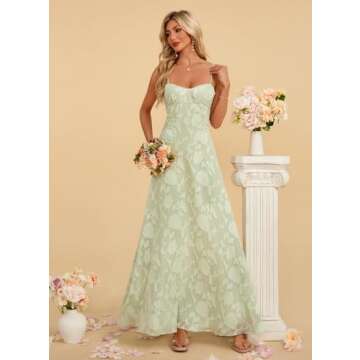 Kismissal Women's Elegant Wedding Guest Dress Spaghetti Straps Floral Sleeveless Formal Dress Maxi Evening Party Dress Green