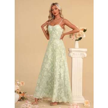 Kismissal Women's Elegant Wedding Guest Dress Spaghetti Straps Floral Sleeveless Formal Dress Maxi Evening Party Dress Green