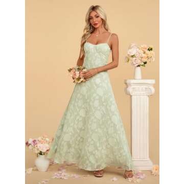Kismissal Women's Elegant Wedding Guest Dress Spaghetti Straps Floral Sleeveless Formal Dress Maxi Evening Party Dress Green