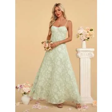 Kismissal Women's Elegant Wedding Guest Dress Spaghetti Straps Floral Sleeveless Formal Dress Maxi Evening Party Dress Green