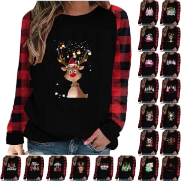 ABOUTYES Christmas Sweatshirts for Women 2024 Holiday Funny Xmas Plaid Shirt Casual Graphic Raglan T...