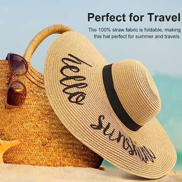 DRESHOW Big Straw Sun Hats for Women Floppy Foldable Roll up Beach Cap Sun Hat UPF 50+ Vacation Honeymoon Embroidered Hat