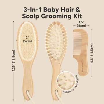 Baby Hair Brush and Comb Set for Newborn - Wooden Baby Hair Brush Set with Soft Goat Bristle, Baby B...