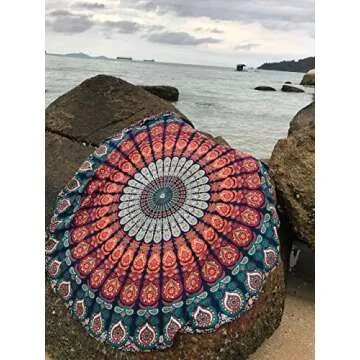 raajsee Round Beach Tapestry Blue Orange Mandala Throw/Boho Hippie Beach Blanket Roundie/Indian Cott...