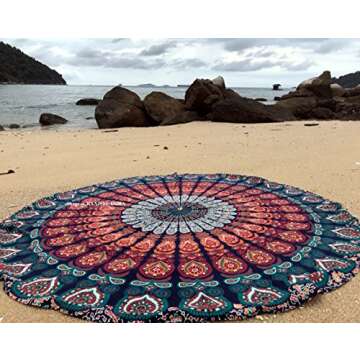 raajsee Round Beach Tapestry Blue Orange Mandala Throw/Boho Hippie Beach Blanket Roundie/Indian Cotton Bohemian Large Round Table Cloth/Yoga Mat Meditation Picnic Rug 70 inch