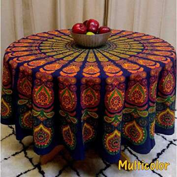 raajsee Round Beach Tapestry Blue Orange Mandala Throw/Boho Hippie Beach Blanket Roundie/Indian Cotton Bohemian Large Round Table Cloth/Yoga Mat Meditation Picnic Rug 70 inch