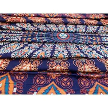 raajsee Round Beach Tapestry Blue Orange Mandala Throw/Boho Hippie Beach Blanket Roundie/Indian Cotton Bohemian Large Round Table Cloth/Yoga Mat Meditation Picnic Rug 70 inch