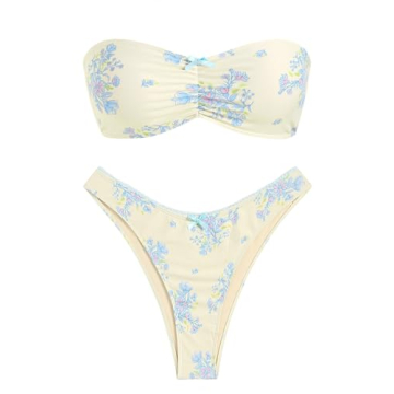 ZAFUL Women's Floral Print Bandeau Bikini Swimsuit in Beige