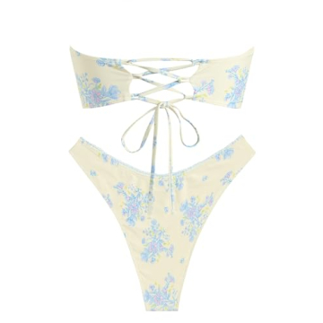 ZAFUL Women's Floral Print Bandeau Bikini Swimsuit in Beige