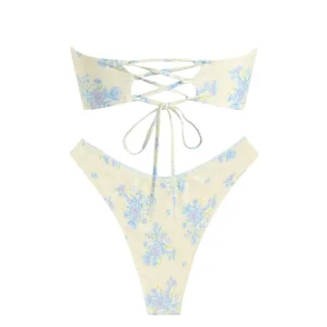 ZAFUL Women's Floral Print Bandeau Bikini Swimsuit in Beige