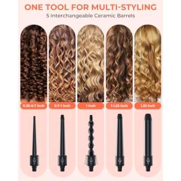 5 in 1 Curling Wand Set: Ohuhu Curling Iron Wand 5Pcs 0.35 to 1.25 Inch Interchangeable Ceramic Barrel Heat Protective Glove 2 Clips Dual Voltage Hair Curler for Girls Women Mother Gift Black