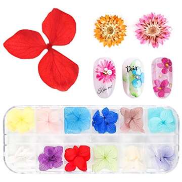LIMGLIM 132pcs Dried Flowers Resin Nail Art Accessories 3D Nail Stickers Supplies 3 Boxes Mini Natur...