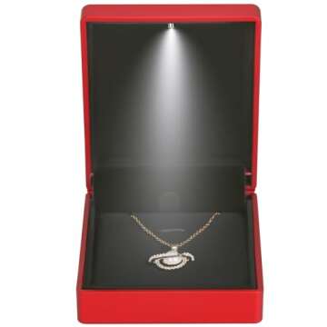 LED Light Pendant Necklace Gift Box, Velvet Jewelry Storage Display Case for Proposal Engagement Wedding Anniversary Birthday Valentine's Day (Red)