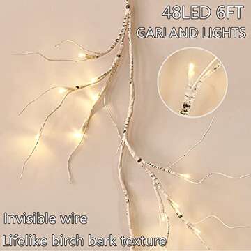 Fudios Lighted Birch Garland with Timer 48 LED Fairy Lights 6ft Battery Operated for Mantle Decor, Lit Christmas White Twig Garland Winter Home Wall Decoration Indoor Outdoor Use 1 Set
