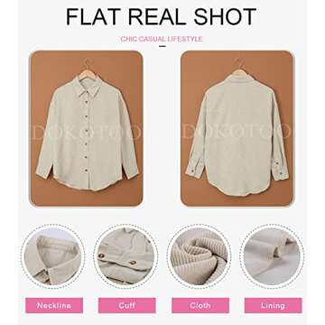 Dokotoo Womens Corduroy Button Down Shirts Boyfriend Long Sleeve Oversized Blouses Tops