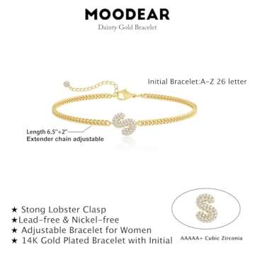 Moodear Gold Bracelets for Women Non Tarnish - Dainty Gold Bubbles Initial CZ S Bracelet Cute 14K Go...