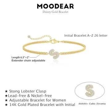 Moodear Gold Bracelets for Women Non Tarnish - Dainty Gold Bubbles Initial CZ S Bracelet Cute 14K Go...