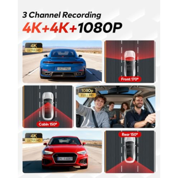 TERUNSOUl 4K+4K+1080P 3 Channel Dash Cam Front and Rear with Cabin, Free 128GB Card Included, 5.8GHz...