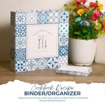 Cookbook Recipe Binder/Organizer, Blue Pattern 3-Ring Binder to Hold All Your Recipes and Recipe Cards, 6 Tabbed Divider Sections, 50 Matching Recipe Cards Included