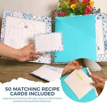 Cookbook Recipe Binder/Organizer, Blue Pattern 3-Ring Binder to Hold All Your Recipes and Recipe Cards, 6 Tabbed Divider Sections, 50 Matching Recipe Cards Included