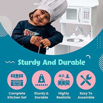 Play Kitchen Set for Toddlers – Wooden Kitchen Toys Playset – Pretend Play White Cooking Set with Accessories – Includes Sink, Oven, Microwave, Pots – Assembly Video Tutorial Included