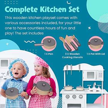 Play Kitchen Set for Toddlers – Wooden Kitchen Toys Playset – Pretend Play White Cooking Set with Accessories – Includes Sink, Oven, Microwave, Pots – Assembly Video Tutorial Included