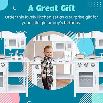 Play Kitchen Set for Toddlers – Wooden Kitchen Toys Playset – Pretend Play White Cooking Set with Accessories – Includes Sink, Oven, Microwave, Pots – Assembly Video Tutorial Included