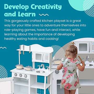 Play Kitchen Set for Toddlers – Wooden Kitchen Toys Playset – Pretend Play White Cooking Set with Accessories – Includes Sink, Oven, Microwave, Pots – Assembly Video Tutorial Included