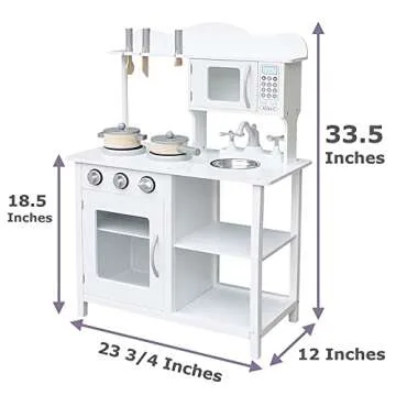 Play Kitchen Set for Toddlers – Wooden Kitchen Toys Playset – Pretend Play White Cooking Set with Accessories – Includes Sink, Oven, Microwave, Pots – Assembly Video Tutorial Included
