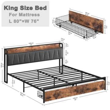 LIKIMIO King Size Bed Frame, Storage Headboard with Charging Station, Platform Bed with Drawers, No ...