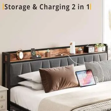 LIKIMIO King Size Bed Frame, Storage Headboard with Charging Station, Platform Bed with Drawers, No Box Spring Needed, Easy Assembly, Vintage Brown and Gray