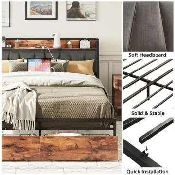 LIKIMIO King Size Bed Frame, Storage Headboard with Charging Station, Platform Bed with Drawers, No Box Spring Needed, Easy Assembly, Vintage Brown and Gray