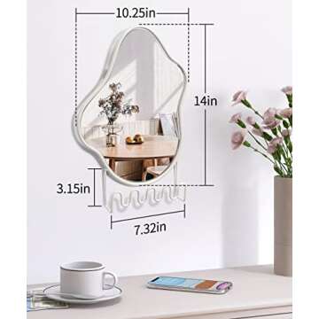Godimerhea Wall Mirror with Hooks, Wavy Irregular Mirror with Key Holder Hanging Small Asymmetrical Bathroom Mirror for entryway Living Room Vanity, 10"×14"