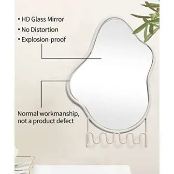 Godimerhea Wall Mirror with Hooks, Wavy Irregular Mirror with Key Holder Hanging Small Asymmetrical Bathroom Mirror for entryway Living Room Vanity, 10"×14"