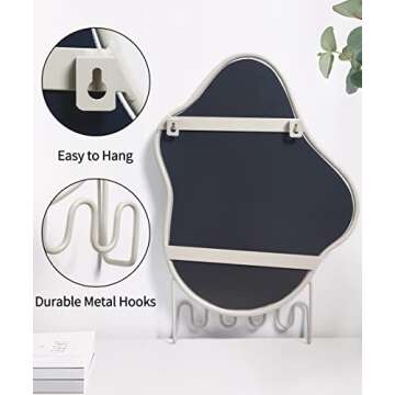 Godimerhea Wall Mirror with Hooks, Wavy Irregular Mirror with Key Holder Hanging Small Asymmetrical Bathroom Mirror for entryway Living Room Vanity, 10"×14"