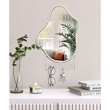Godimerhea Wall Mirror with Hooks, Wavy Irregular Mirror with Key Holder Hanging Small Asymmetrical Bathroom Mirror for entryway Living Room Vanity, 10"×14"
