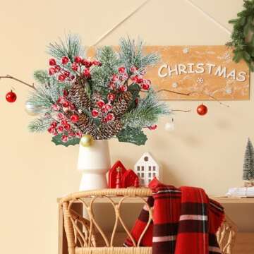 Sggvecsy 6 Pack Snow Frosted Christmas Berries Pine Picks Artificial Red Berry Pine Branches Frosted...