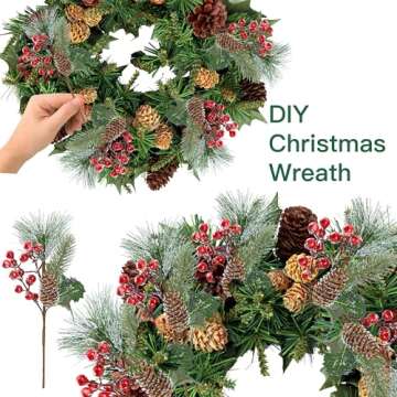 Sggvecsy 6 Pack Snow Frosted Christmas Berries Pine Picks Artificial Red Berry Pine Branches Frosted Faux Pine Stem with Pine Cones Holly Berry Leaves for Xmas Tree Wreath DIY Craft Holiday Decor