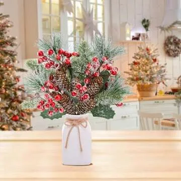 Sggvecsy 6 Pack Snow Frosted Christmas Berries Pine Picks Artificial Red Berry Pine Branches Frosted Faux Pine Stem with Pine Cones Holly Berry Leaves for Xmas Tree Wreath DIY Craft Holiday Decor