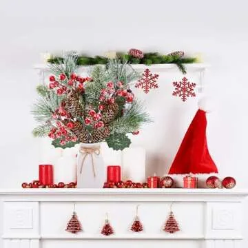 Sggvecsy 6 Pack Snow Frosted Christmas Berries Pine Picks Artificial Red Berry Pine Branches Frosted Faux Pine Stem with Pine Cones Holly Berry Leaves for Xmas Tree Wreath DIY Craft Holiday Decor