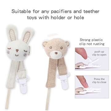 COTTONBEBE Pacifier Clip, 2 Pack Baby Pacifier Holder for Boys and Girls Fits Many Pacifiers & Baby Teething Toys, Ideal Baby Gift (Rabbit&Bear)