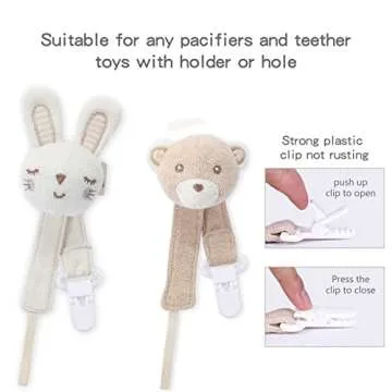 COTTONBEBE Pacifier Clip, 2 Pack Baby Pacifier Holder for Boys and Girls Fits Many Pacifiers & Baby Teething Toys, Ideal Baby Gift (Rabbit&Bear)