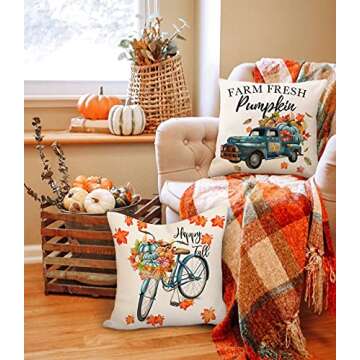 4TH Emotion Fall Decor Pillow Covers 18x18 Set of 4 Thanksgiving Blue Pumpkin Farmhouse Decorations Thankful Blessed Farm Outdoor Fall Pillows Decorative Throw Cushion Case for Home Couch TH031-18