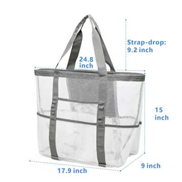 F-color Mesh Beach Bag - Oversized Beach Tote 9 Pockets Pool Bag, White