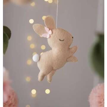 Enchanting Nursery Mobile with Felt Bunnies and Tulle Pompoms for Baby's Room